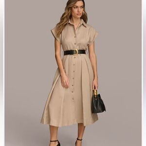 Carole Little Maxi Dress 100% Cotton Khaki Size 8 Button Up Front Safari